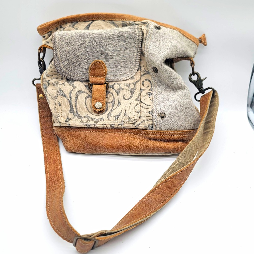 Myra Bag Cowhide Hair On Hide Canvas Leather Shoulder Crossbody Western Boho